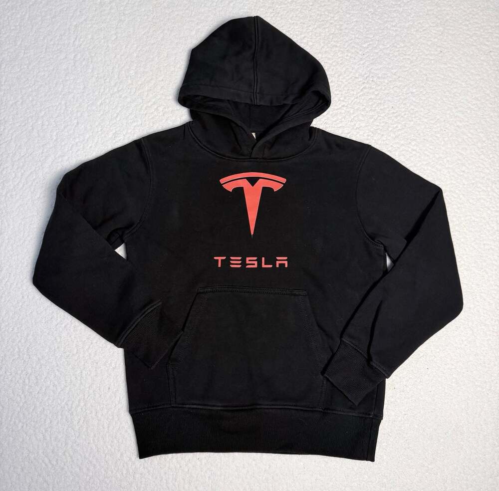 Three In Tesla Logo Graphic Pullover Hoodie Size M